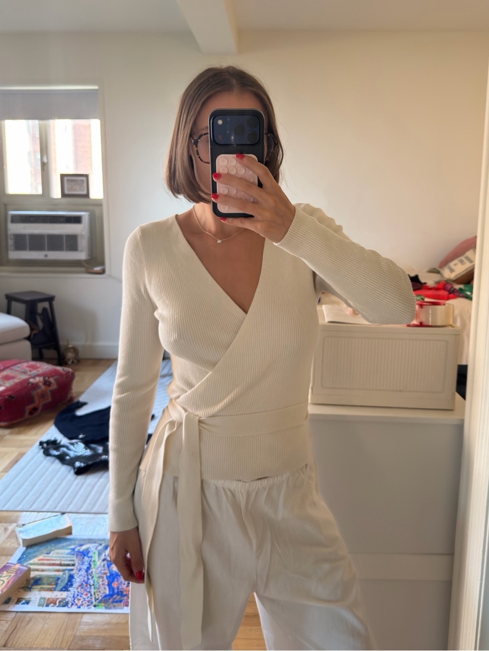Wool Sezane Cream Wrap Knit Top - Women's Elegant V-Neck Sweater